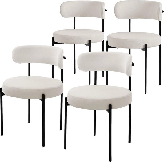 Ensemble de 4 chaises de salle à manger en tissu peluche blanc avec pieds métalliques noirs, design ergonomique
