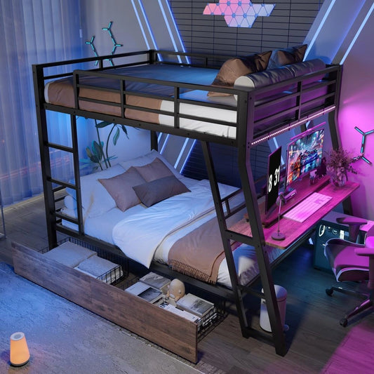 Lit Mezzanine Double 140x200 cm avec LED et Échelle Sécurisée