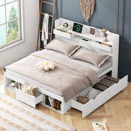 Cadre de Lit Double Blanc 140x190 cm avec Rangement, Port USB et Sommier à Lattes