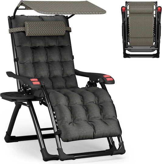 Chaise Longue de Jardin Pliante avec Pare-Soleil et Coussin, Capacité 200kg, Résistante aux Intempéries