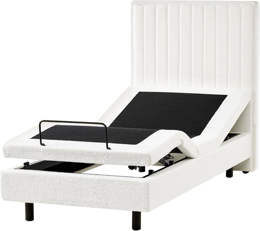 Lit Moderne en Tissu Bouclé Électrique 90x200 cm avec Télécommande - Blanc Cassé