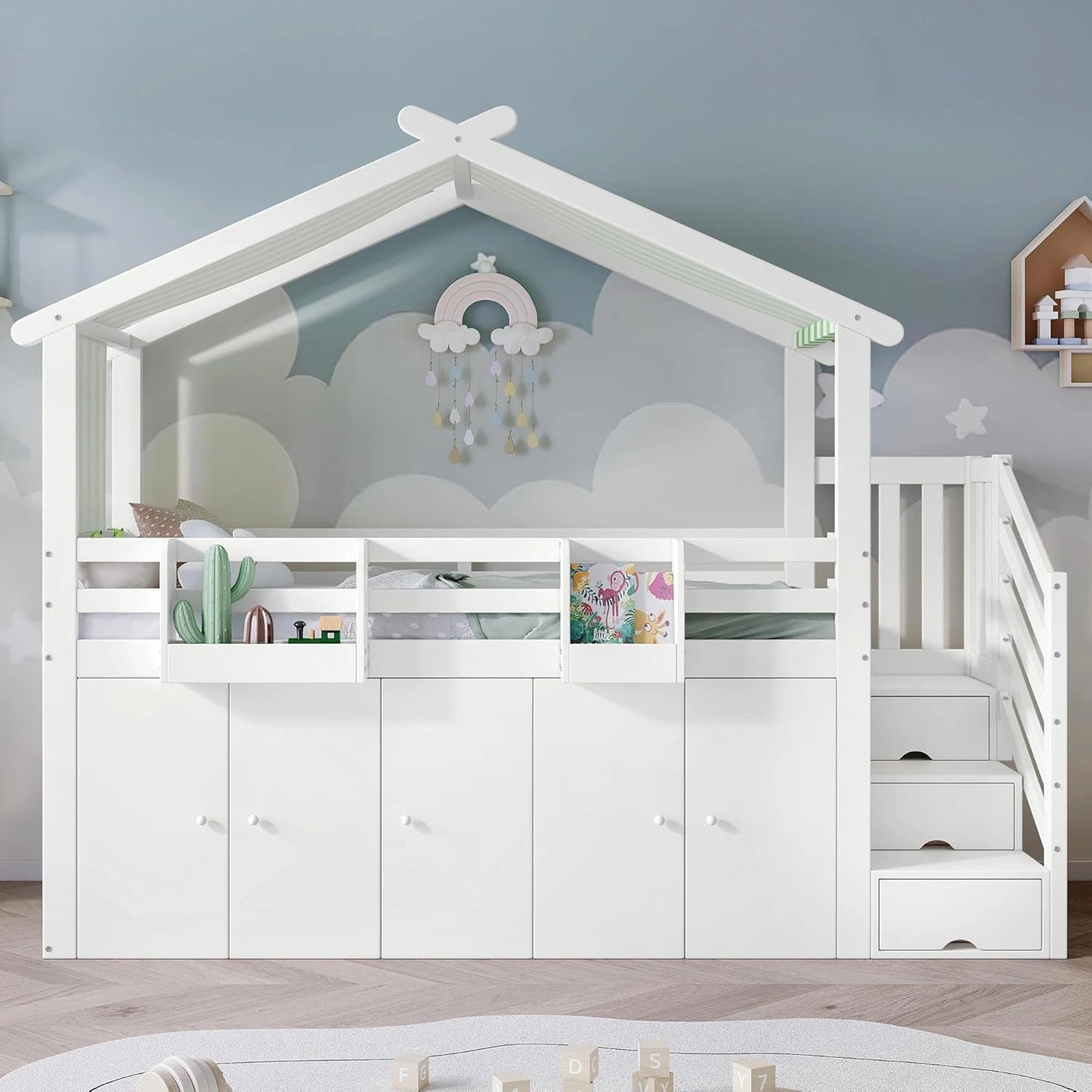 Lit mezzanine enfant avec rangement intégrés, barrière de sécurité, échelle à compartiments, pin blanc et vert, 90 x 200 cm