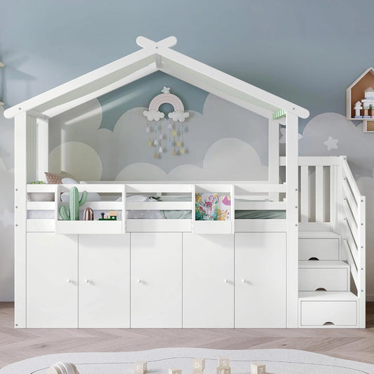 Lit mezzanine enfant avec rangement intégrés, barrière de sécurité, échelle à compartiments, pin blanc et vert, 90 x 200 cm