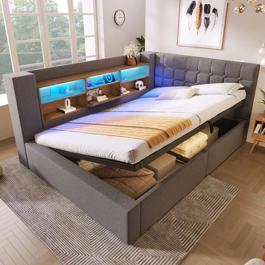 Lit Coffre en Lin Gris 140x190 avec LED et Rangement