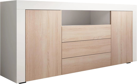 Buffet Yanis: Élégance Moderne en Blanc et Sonoma | 2 Portes, 3 Tiroirs | 160x72x35 cm