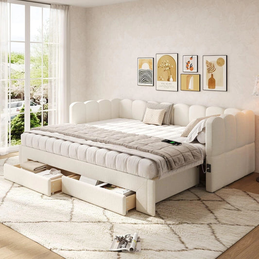 Canapé-lit Gigogne avec Port USB et Tiroirs, Cadre Extensible 180 cm pour Salon, Lin 90x200 cm