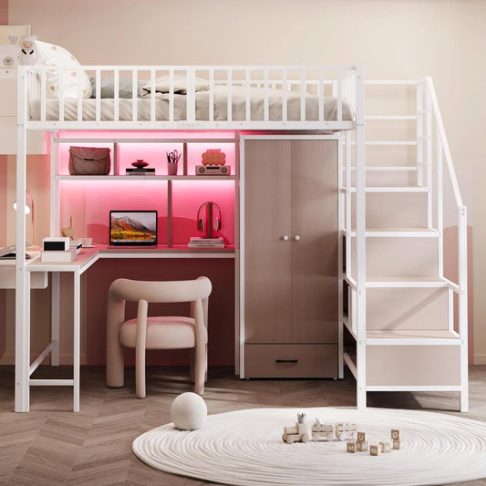 Lit Mezzanine Multifonctionnel 140x200cm avec Bureau et Éclairage LED, Blanc