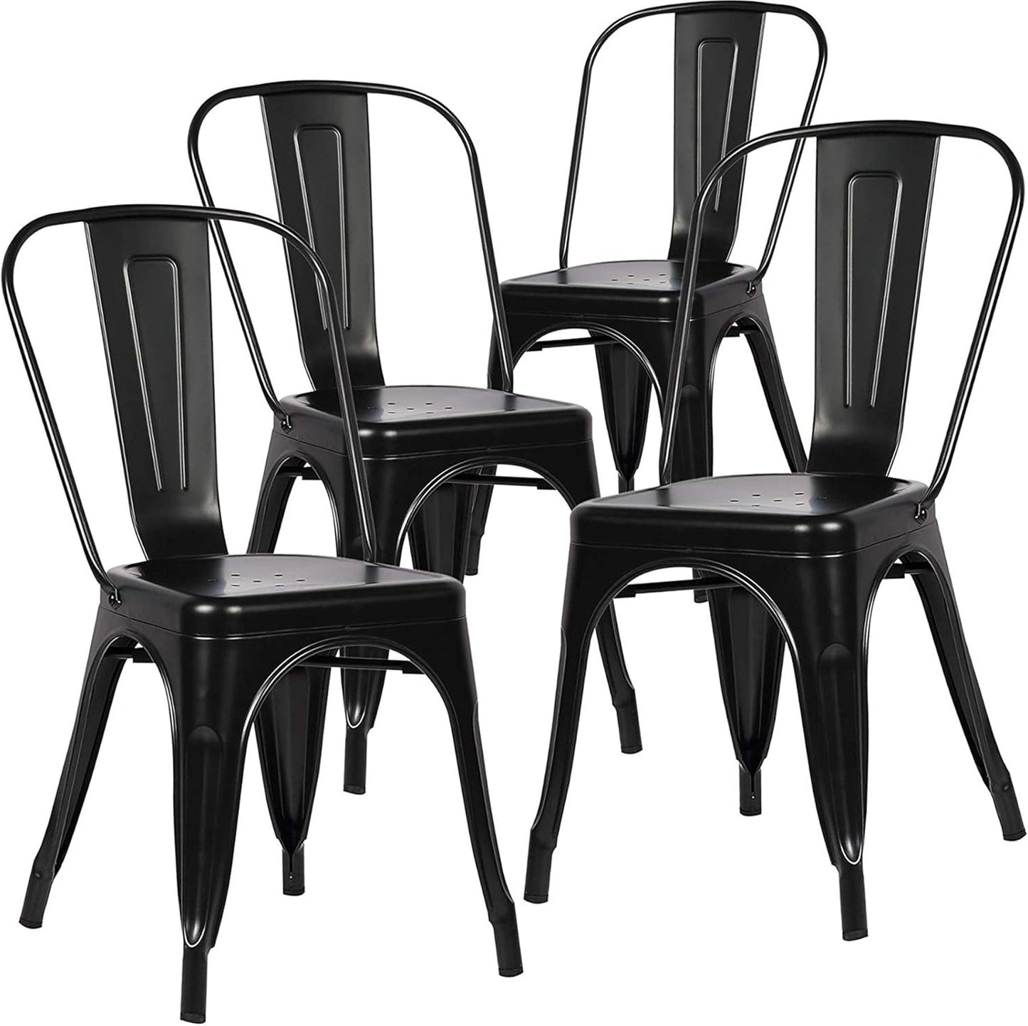 Ensemble de 4 Chaises Empilables en Métal Industriel Vintage pour Intérieur et Extérieur, Noir