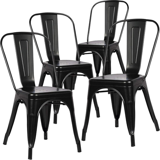 Ensemble de 4 Chaises Empilables en Métal Industriel Vintage pour Intérieur et Extérieur, Noir