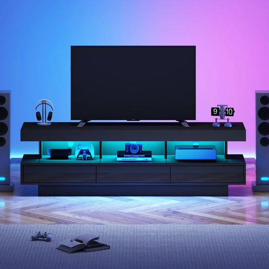 Meuble TV Moderne 160 cm avec LED RGB, 3 Tiroirs et Étagères en Verre, Compatible Télé 70 Pouces, Commande App Bluetooth - Noir