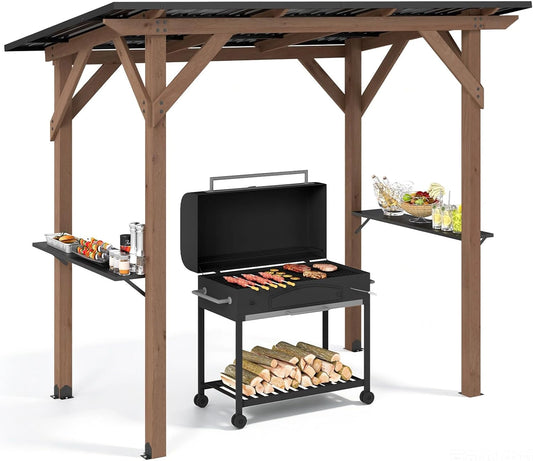Tonnelle de Jardin en Bois de Cèdre pour Barbecue avec Toit Métallique et Étagères