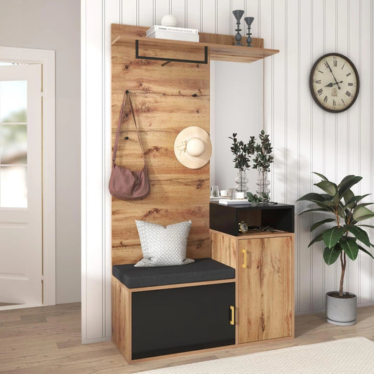 Buffet à chaussures en bois avec miroir et crochets, armoire d'entrée multifonction