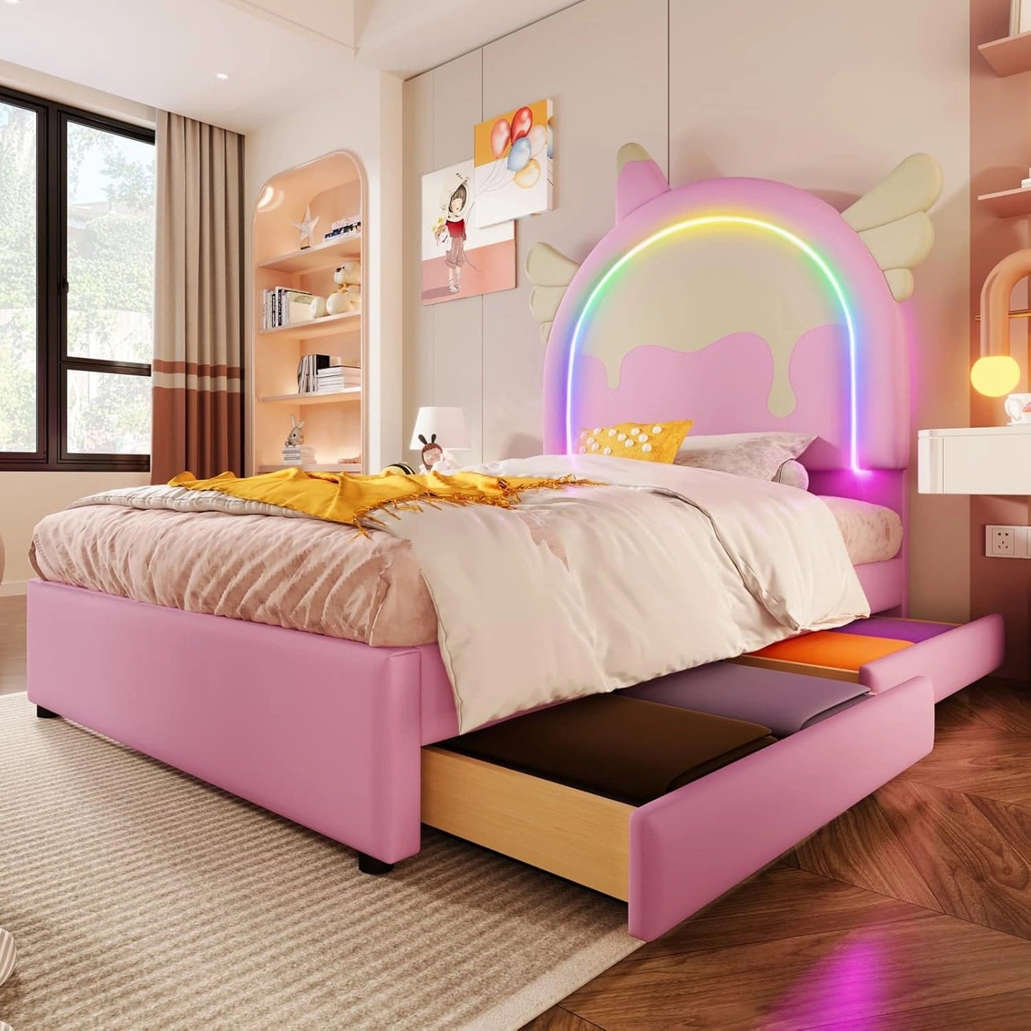 Lit Enfant Licorne 90x200 cm Rose avec Tiroirs et LED Intégrée