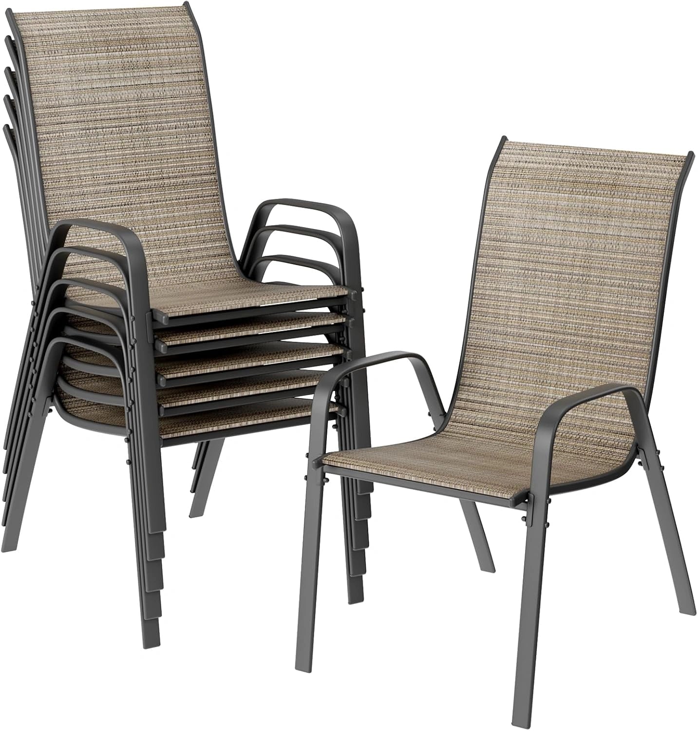 LIFERUN Ensemble de 6 Chaises de Jardin Empilables en Acier et Textilène - Dossier Haut - Idéal pour Jardins, Balcons et Terrasses - Capacité Max 150 kg - 54 x 69 x 93 cm - Couleur Lin Brun