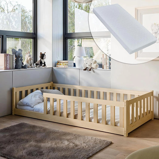 Lit Enfant Montessori 90x190 cm avec Matelas, Sécurité et Sommier en Pin Naturel