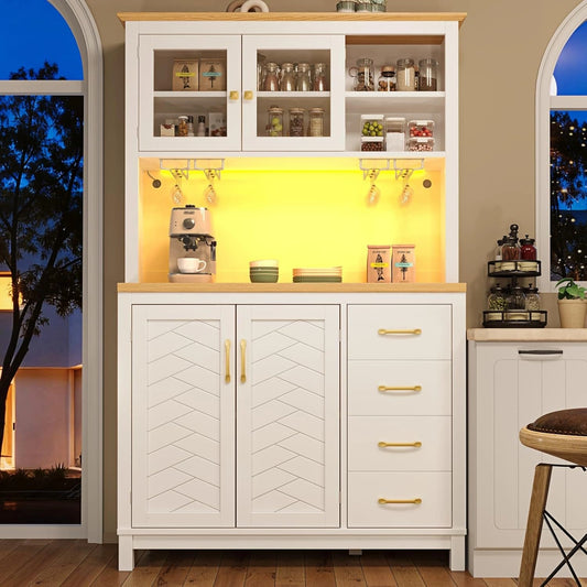Buffet de Cuisine Moderne avec LED, Porte Coulissante en Verre et Tiroirs - Blanc
