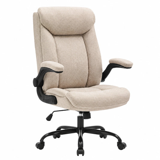 Chaise ergonomique de bureau pivotante avec accoudoirs ajustables, hauteur réglable, confortable pour bureau ou gaming, tissu beige