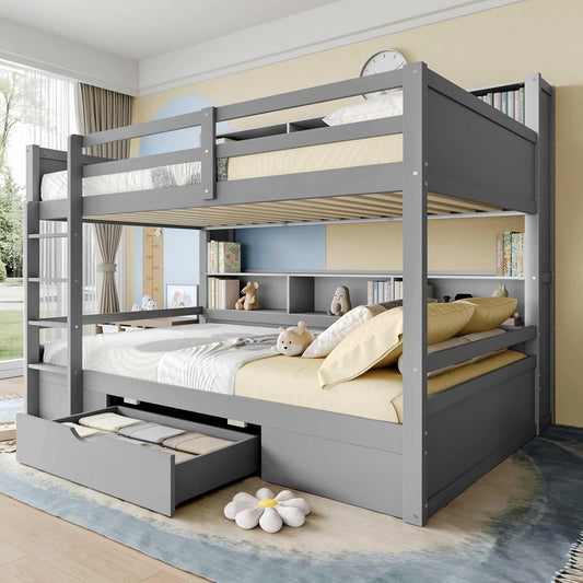 Lit Superposé Moderne 90x200 cm avec Escaliers et Rangements, Bois Gris, pour Enfants