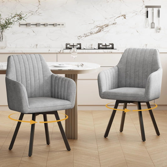 Lot de 2 Chaises Pivotantes en Velours avec Accoudoirs, 360° Rotatives pour Salle à Manger, Salon, Chambre et Cuisine, Gris Clair
