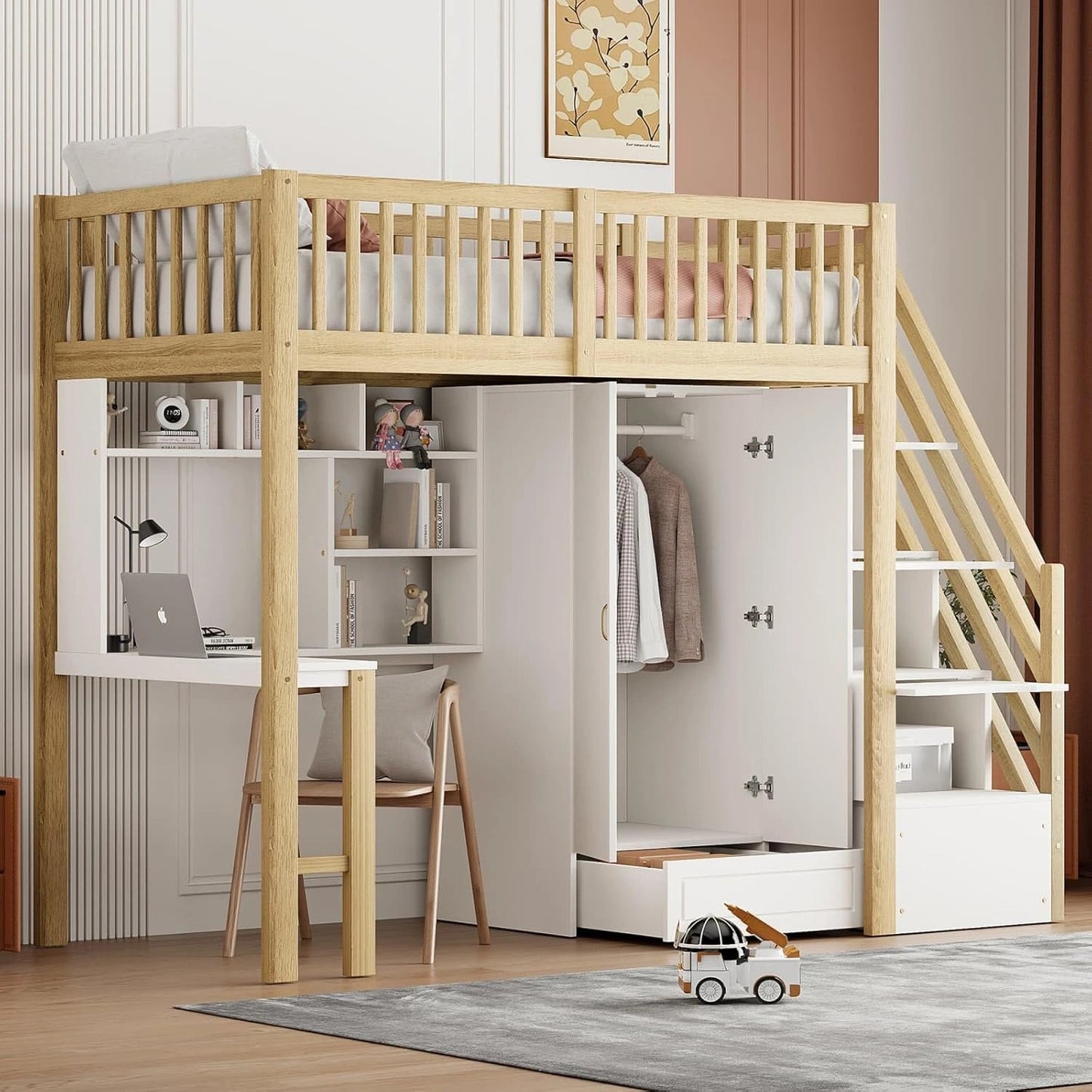 Lit Mezzanine Multifonctionnel 90x200 cm avec Rangement et Bureau - Naturel/Blanc