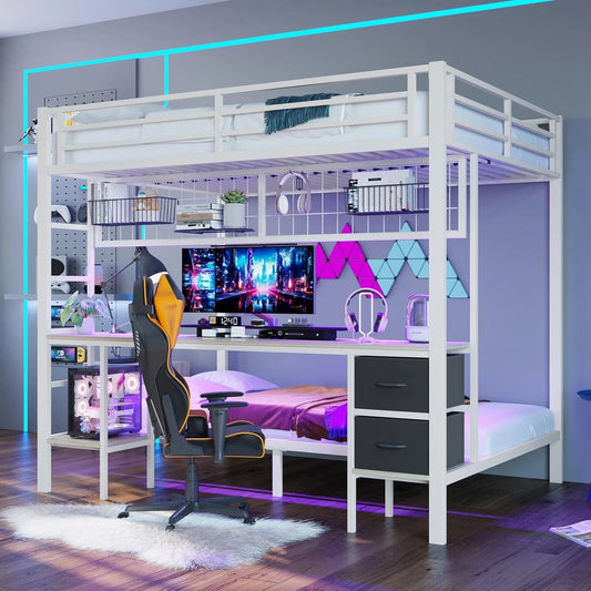 Lit Superposé en Métal avec Étagères et Tiroirs, 90x200cm & 140x200cm, Lumière LED et Port USB, Blanc