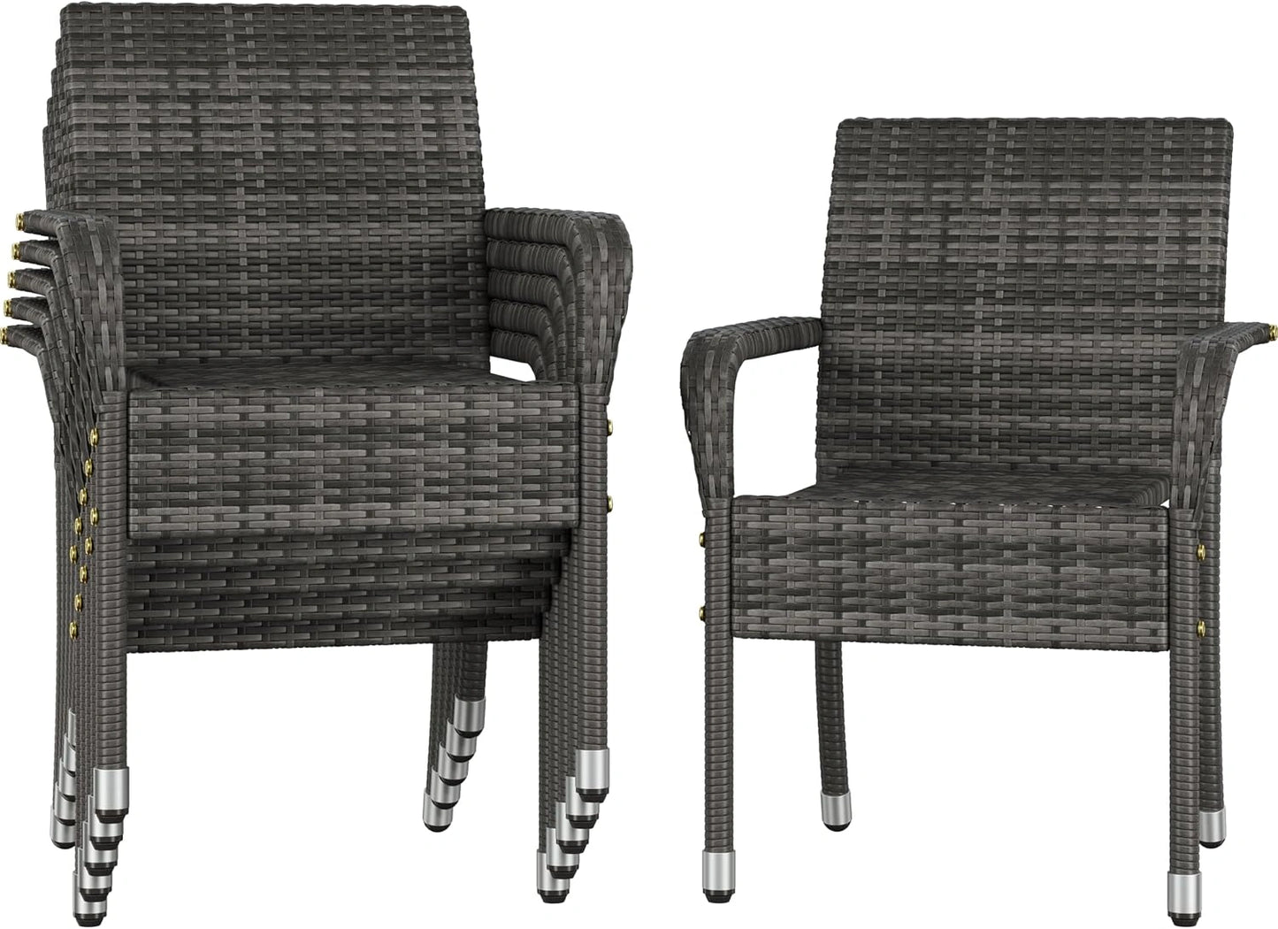 Abician Ensemble de 6 Chaises en Rotin Synthétique avec Accoudoirs pour Extérieur, Empilables, Armature Métal, Gris