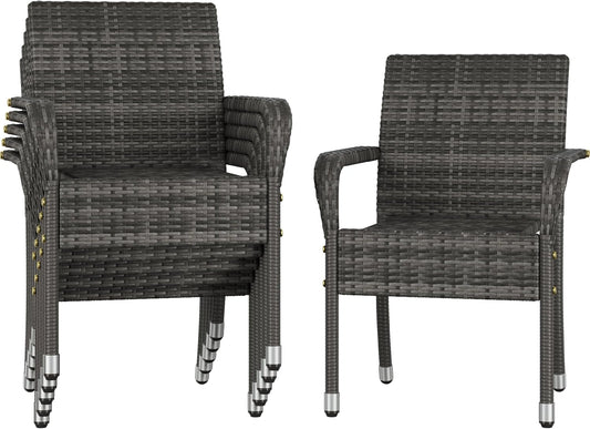 Abician Ensemble de 6 Chaises en Rotin Synthétique avec Accoudoirs pour Extérieur, Empilables, Armature Métal, Gris