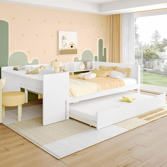 Lit gigogne en pin blanc 140x200 cm avec bureau et étagères, lit double sans matelas