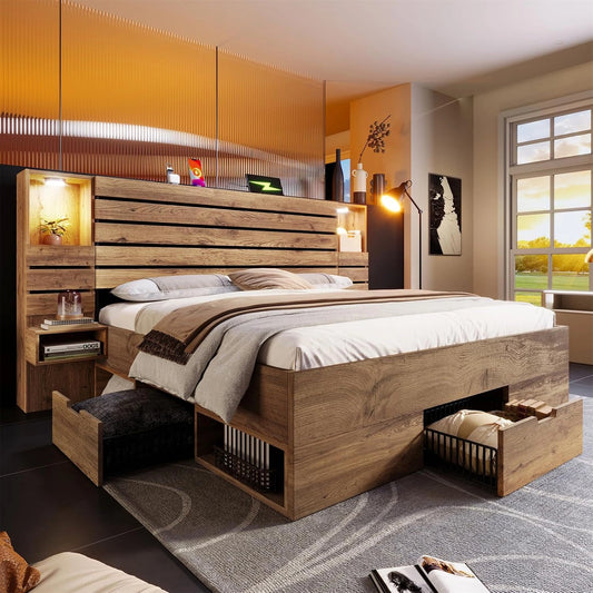 Cadre de lit double chêne avec LEDs et ports USB Type-C, 160x200 cm, chevet suspendu, rangement intégré