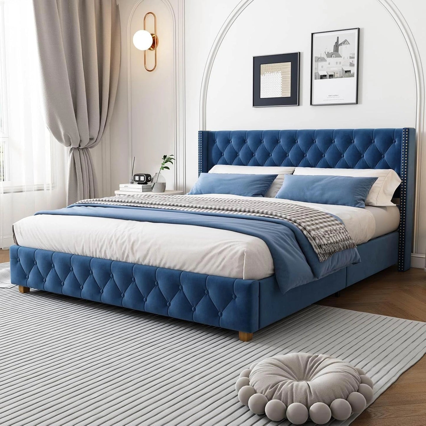 Lit Double Rembourré 160x200 cm avec Sommier en Bois et Tête de Lit - Bleu