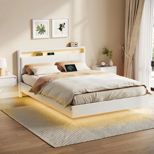 Lit Double Moderne 140 x 190 cm avec LED et Multiprise, Blanc