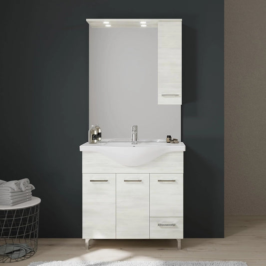 Meuble de salle de bain 85 cm en chêne blanc avec miroir et armoire murale Rimini