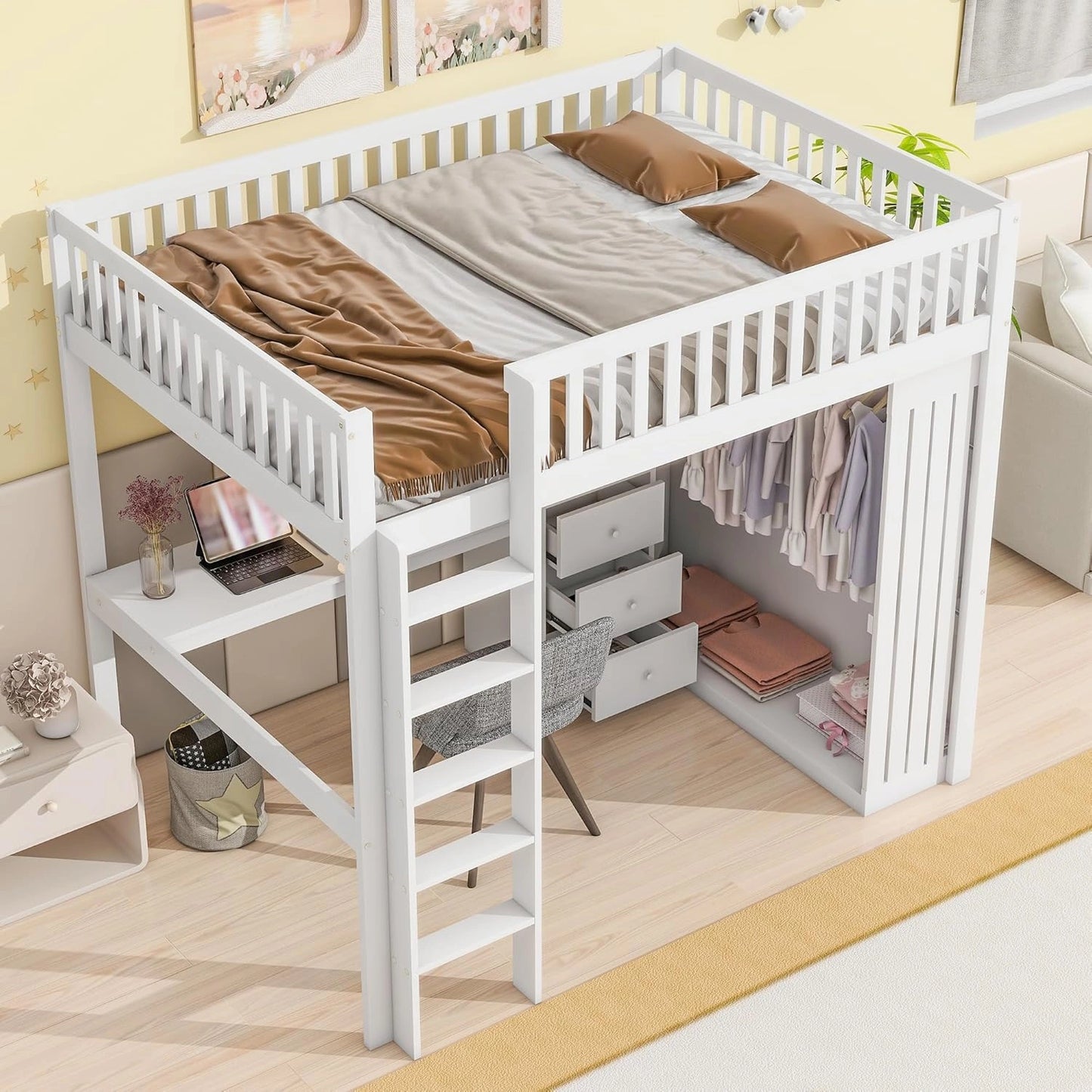 Lit Superposé Double 140x200 cm avec Bureau, Armoire et Escalier de Rangement - Bois Blanc