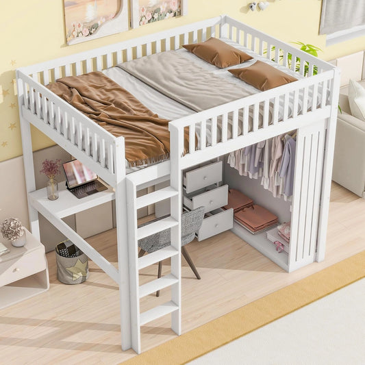 Lit Superposé Double 140x200 cm avec Bureau, Armoire et Escalier de Rangement - Bois Blanc