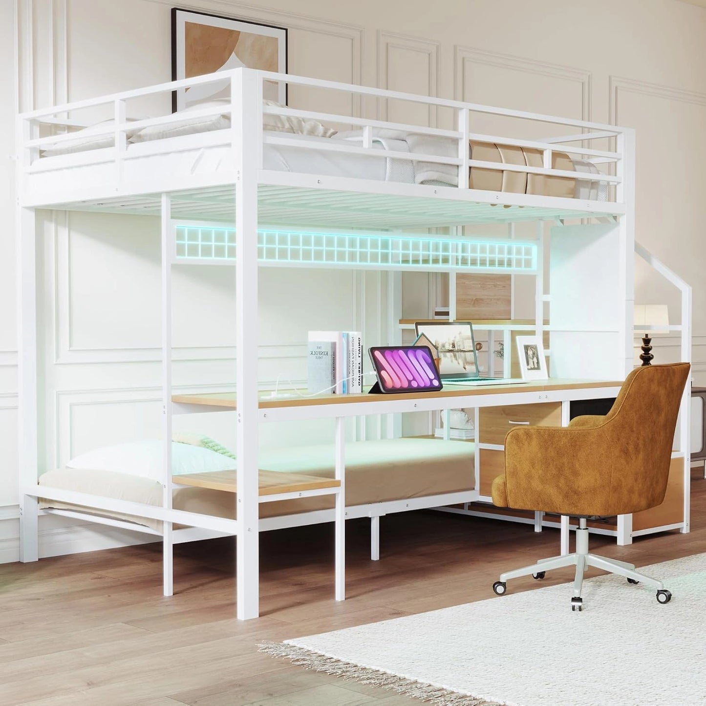 Lit mezzanine multifonctionnel avec bureau intégré et éclairage LED, espace de rangement ouvert, blanc, 140x200 cm