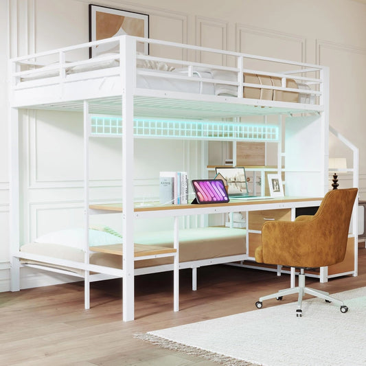 Lit mezzanine multifonctionnel avec bureau intégré et éclairage LED, espace de rangement ouvert, blanc, 140x200 cm