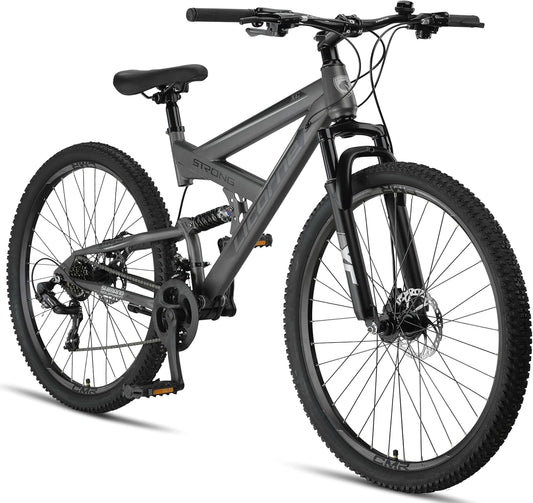 Vélo de Montagne Premium Licorne Strong 2D - Tailles 26, 27.5, 29 pouces, Freins à Disque, 21 Vitesses, Suspension Intégrale