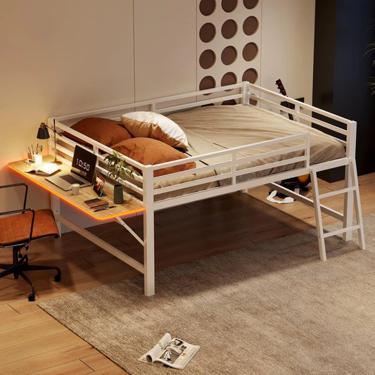 Lit Mezzanine Blanc 140x200 cm avec Bureau Intégré et LED Télécommandée