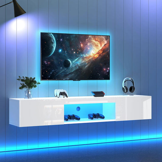 Buffet TV Moderne avec LED, 160 cm, Blanc Brillant, 2 Portes, Espace Ouvert
