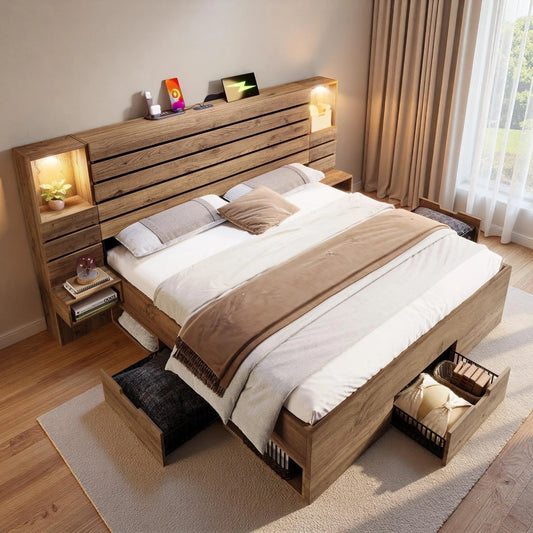 Lit Double en Chêne 160x200 avec LED, USB/Type-C, Niches et Chevets Suspendus
