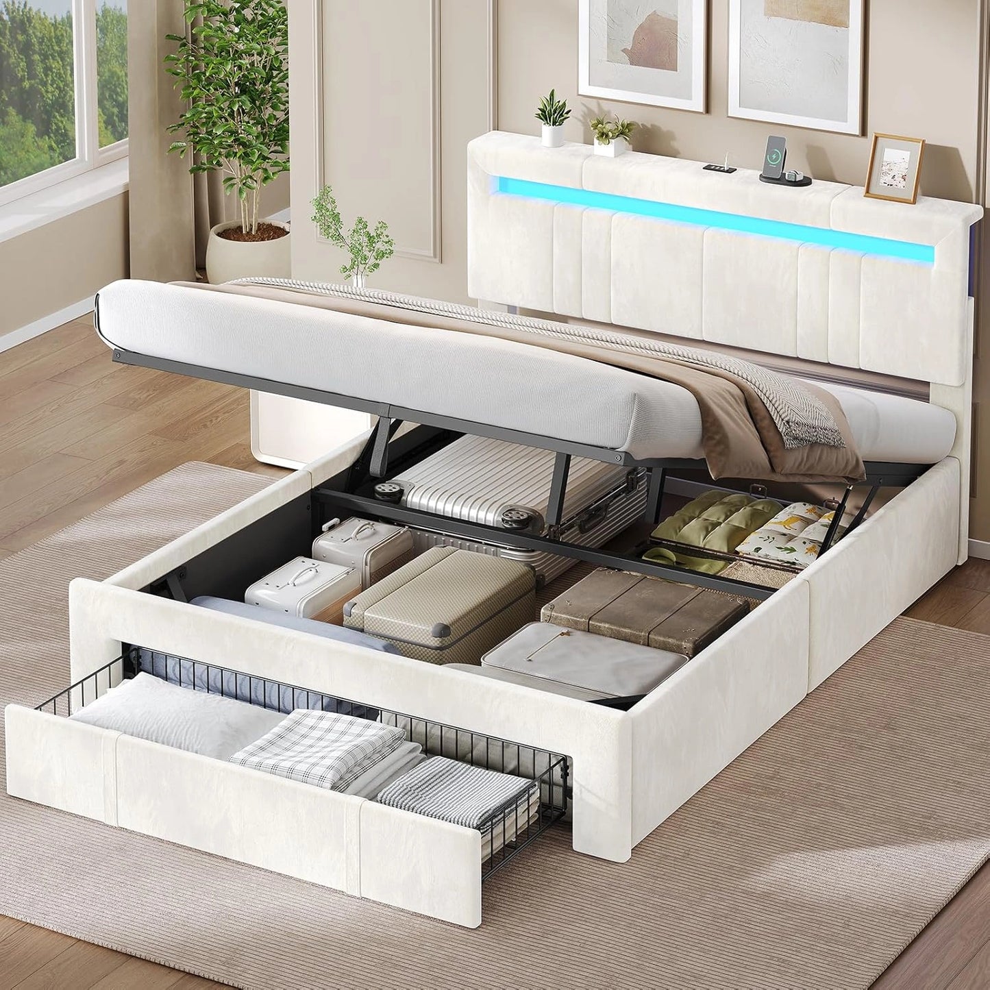 Lit Coffre Double 140x190cm en Velours Beige avec LED et USB, Tête Réglable et Rangement