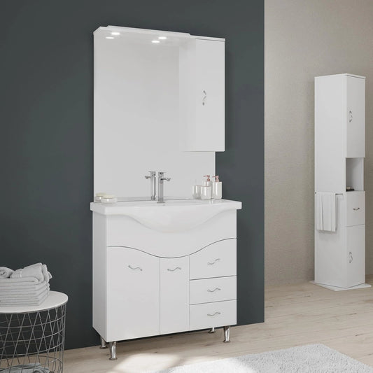 Ensemble de Meubles de Salle de Bain 85 cm avec Lavabo, Miroir et Armoire Blanche