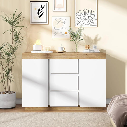 Buffet moderne en blanc et bois avec portes et tiroirs - Merax