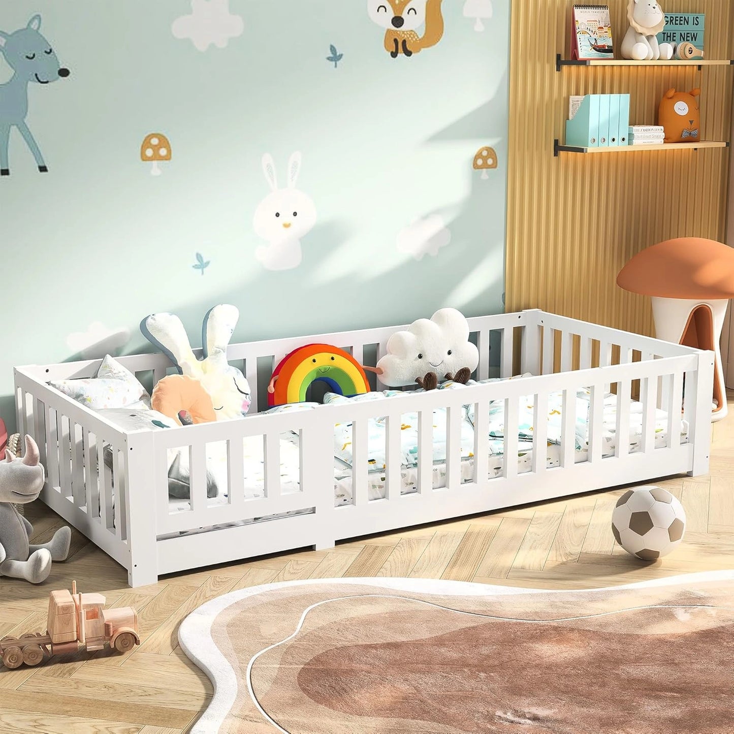 Lit Enfant 90x200 cm en Bois Massif avec Barrière de Sécurité