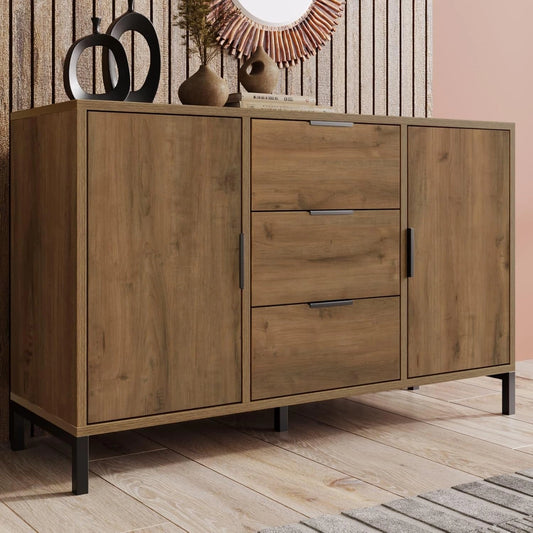 Buffet Industriel KOMHTOM avec Étagère Réglable, 2 Portes et 3 Tiroirs