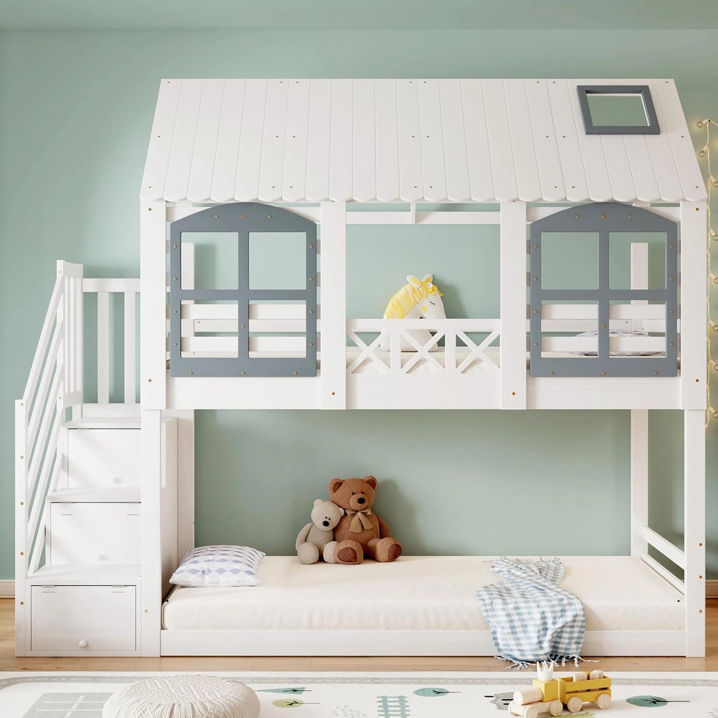 Lit Mezzanine Enfant 90x200 en Bois avec Toit, Fenêtre et Rangement