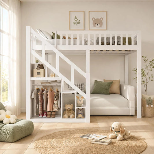 Lit Superposé pour Enfants 90x200 cm avec Escaliers de Rangement, Barrière de Sécurité et Sommier en Bois pour Garçons et Filles
