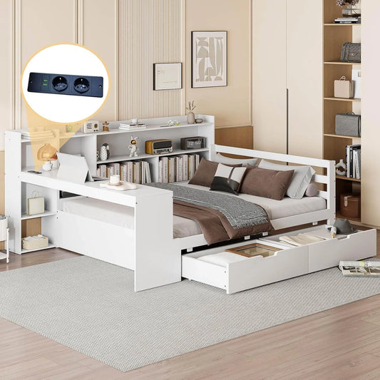 Lit Multifonction 140x200cm avec Rangement et Bureau, 2 Tiroirs et Prise Électrique, Cadre en Bois Blanc pour Tous Âges