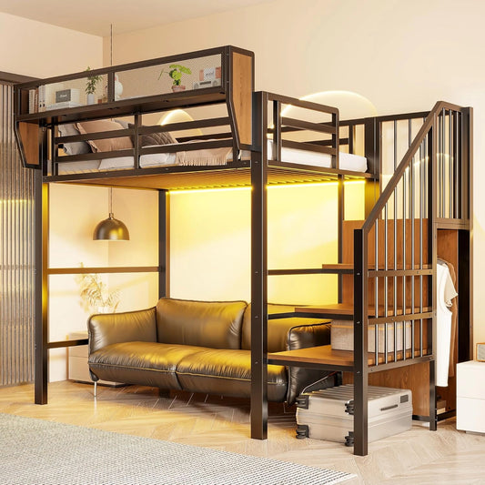 Lit Mezzanine en Métal 90x200 cm avec Éclairage LED et Échelle Sécurisée, Espace de Rangement Intégré, Noir