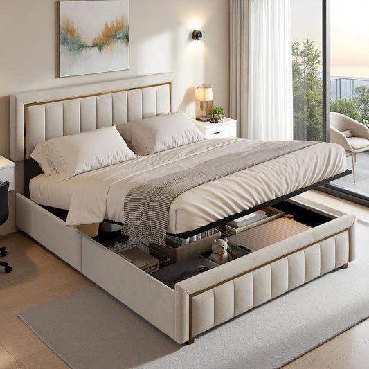 Lit Coffre 160x200 en Velours Beige avec Rangements Intégrés et Tête de Lit Dorée